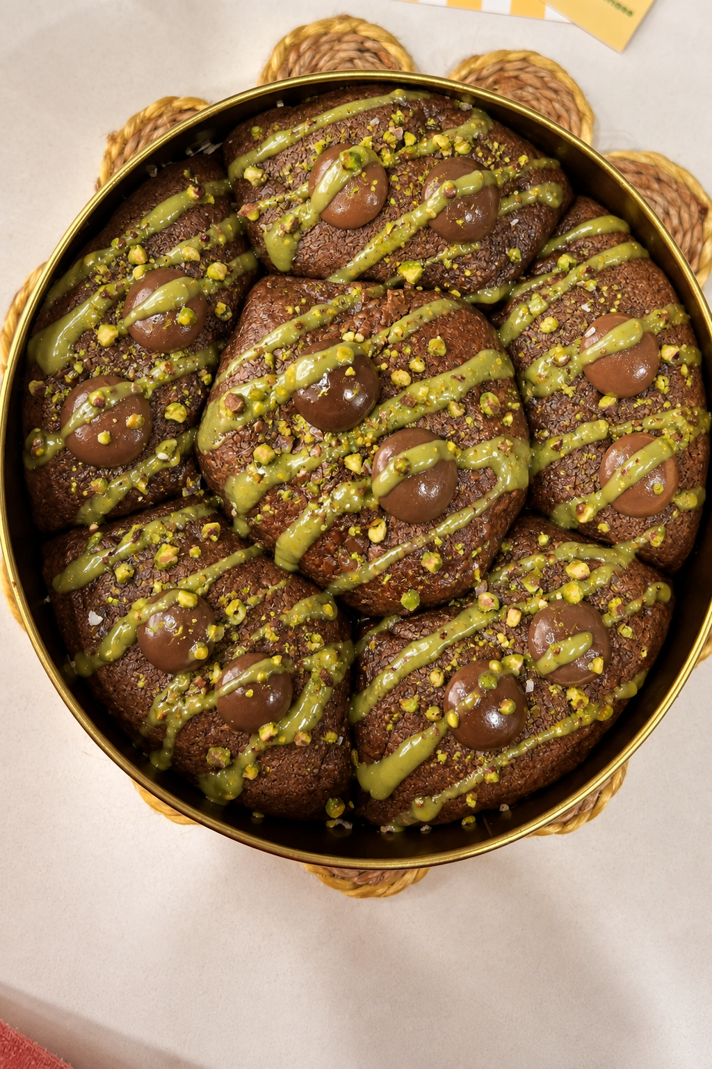Chocolate cookies with pistachio drizzle and chopped pistachios