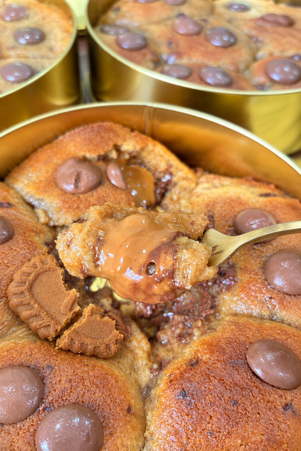 Cookie photo with a lighter top and half Biscoff biscuit by the scooped area