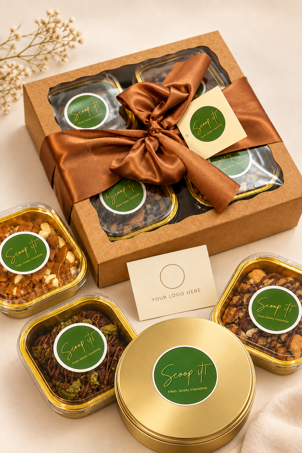 Corporate gift display with a large round golden Scoopit! tin
