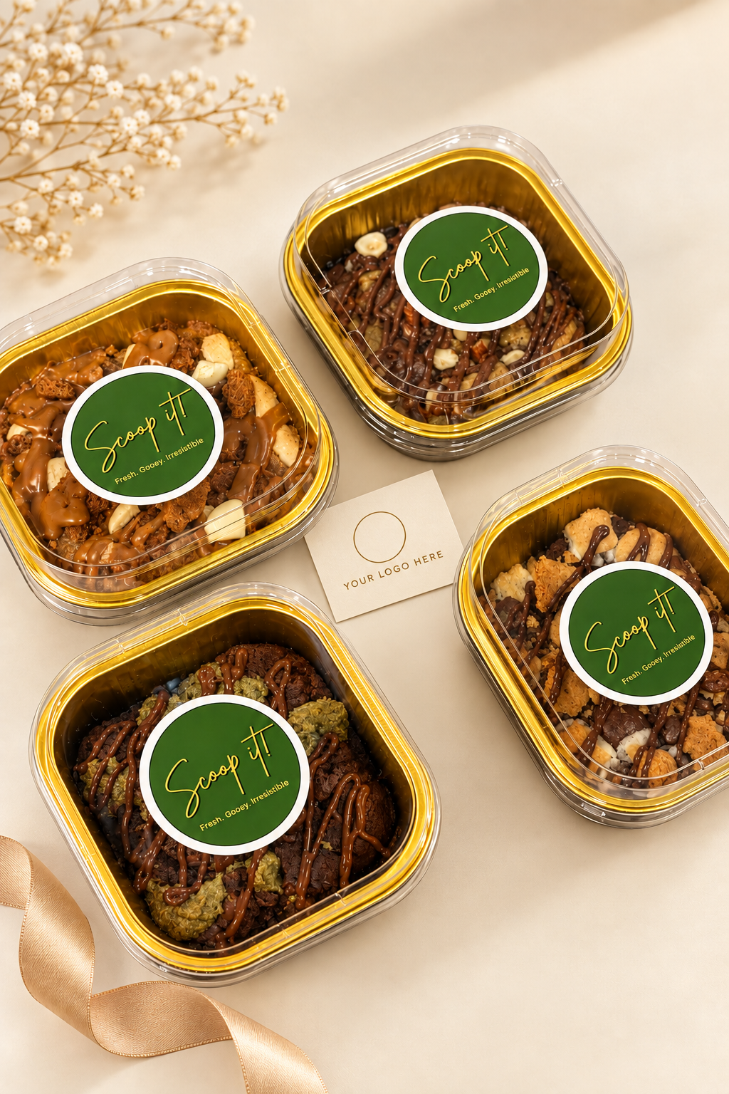 Four corporate gift tins with the customization sample centered between them