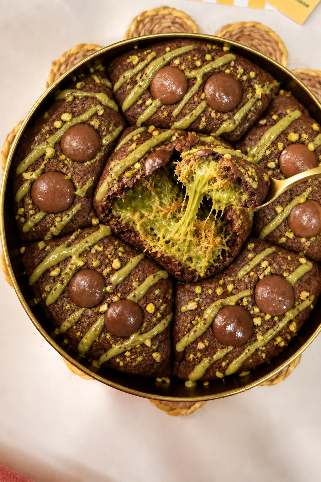 Pistachio-kunafa cookie being scooped from the tin